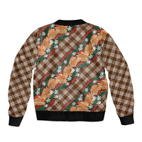Polynesian Monstera Tiare Floral Bomber Jacket Chocolate Brown Tropical Plaid - Polynesian Pride