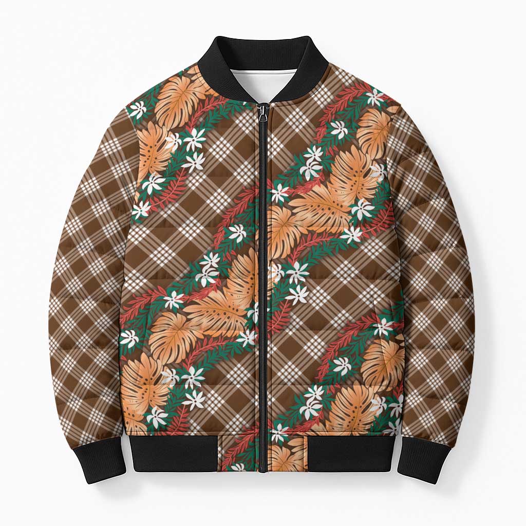 Polynesian Monstera Tiare Floral Bomber Puffer Jacket Chocolate Brown Tropical Plaid - Polynesian Pride