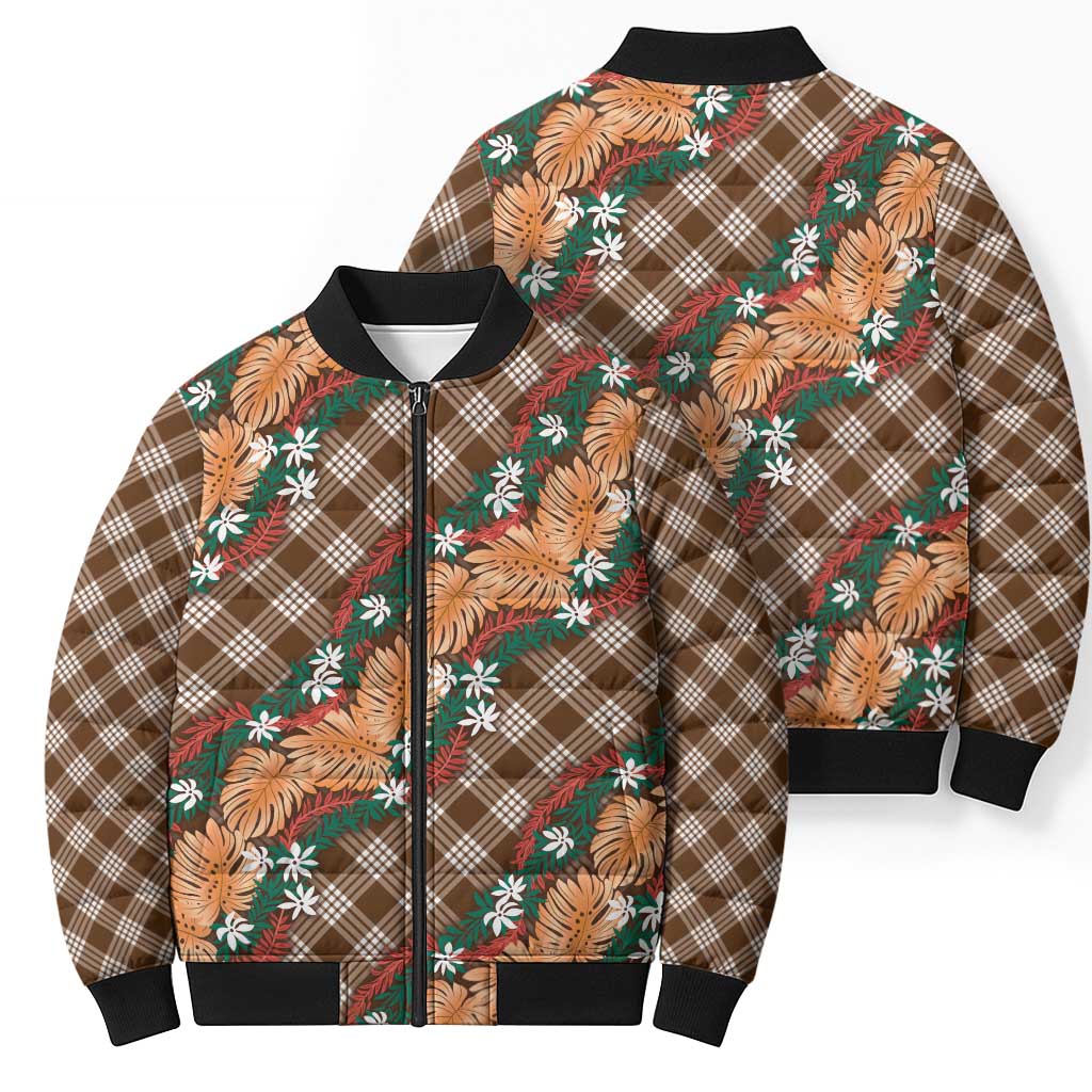Polynesian Monstera Tiare Floral Bomber Puffer Jacket Chocolate Brown Tropical Plaid - Polynesian Pride