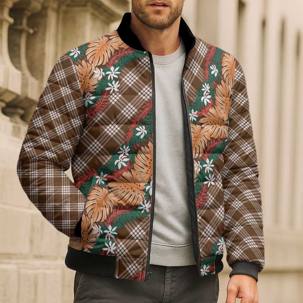 Polynesian Monstera Tiare Floral Bomber Puffer Jacket Chocolate Brown Tropical Plaid - Polynesian Pride