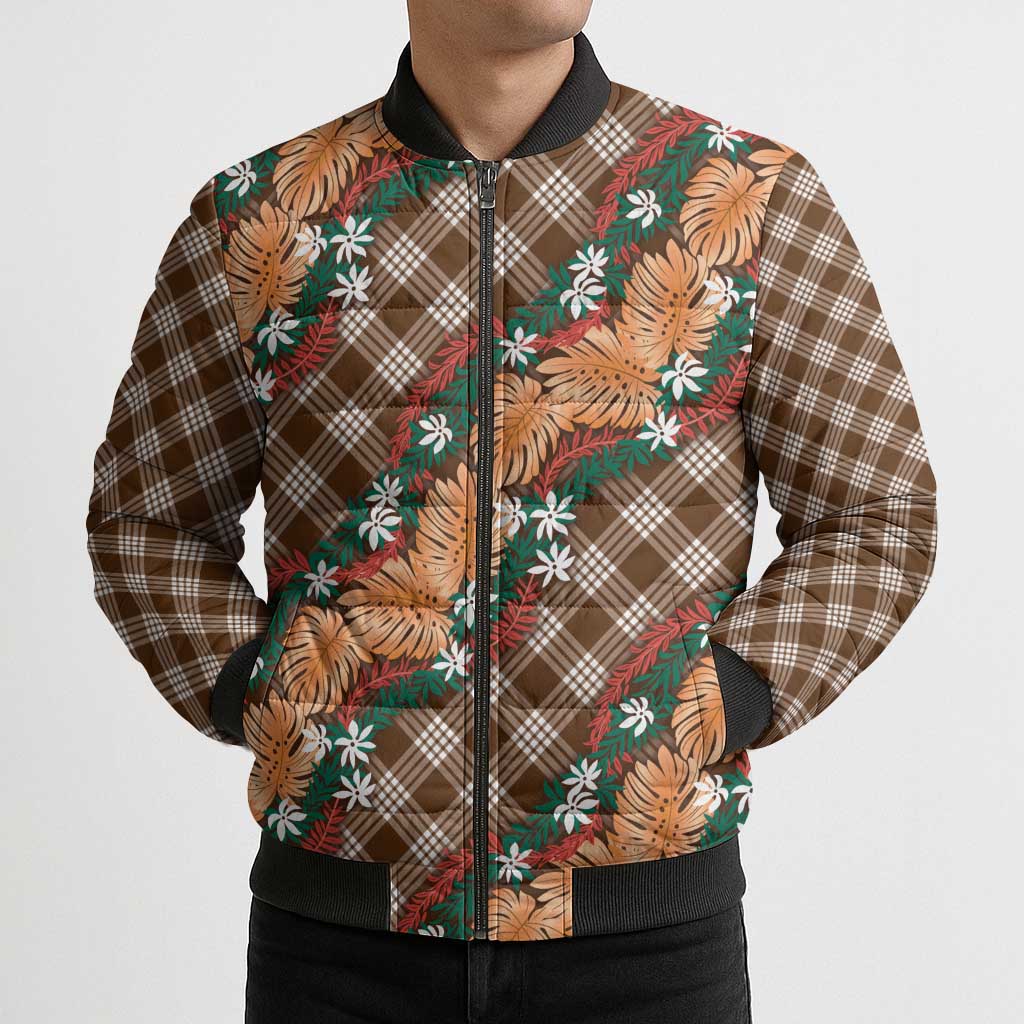 Polynesian Monstera Tiare Floral Bomber Puffer Jacket Chocolate Brown Tropical Plaid - Polynesian Pride
