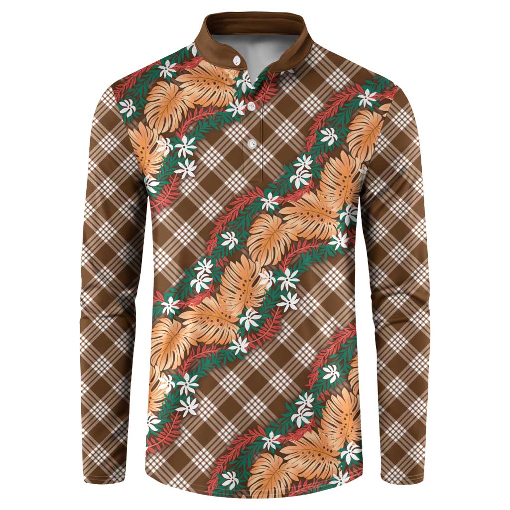Polynesian Monstera Tiare Floral Button Sweatshirt Chocolate Brown Tropical Plaid LT01 Brown - Polynesian Pride