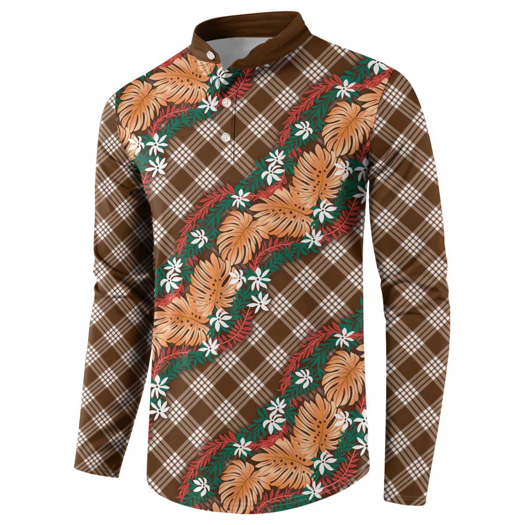 Polynesian Monstera Tiare Floral Button Sweatshirt Chocolate Brown Tropical Plaid - Polynesian Pride
