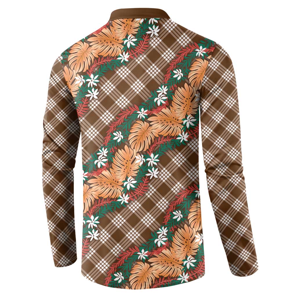 Polynesian Monstera Tiare Floral Button Sweatshirt Chocolate Brown Tropical Plaid - Polynesian Pride