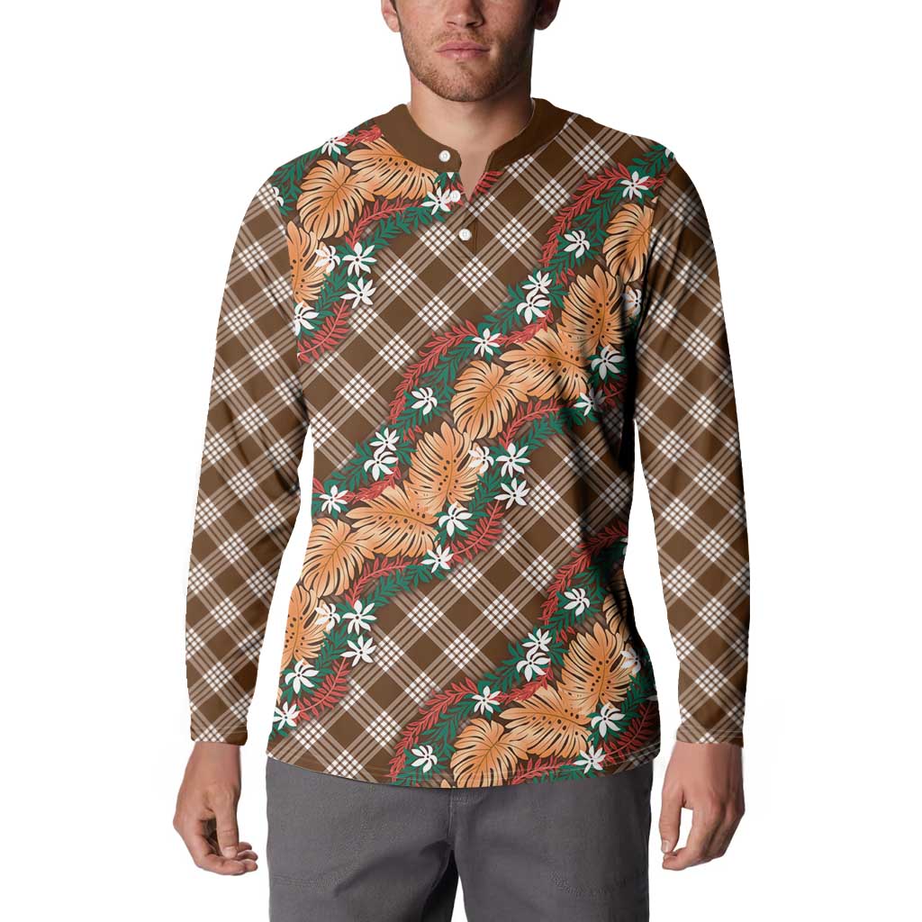 Polynesian Monstera Tiare Floral Button Sweatshirt Chocolate Brown Tropical Plaid - Polynesian Pride