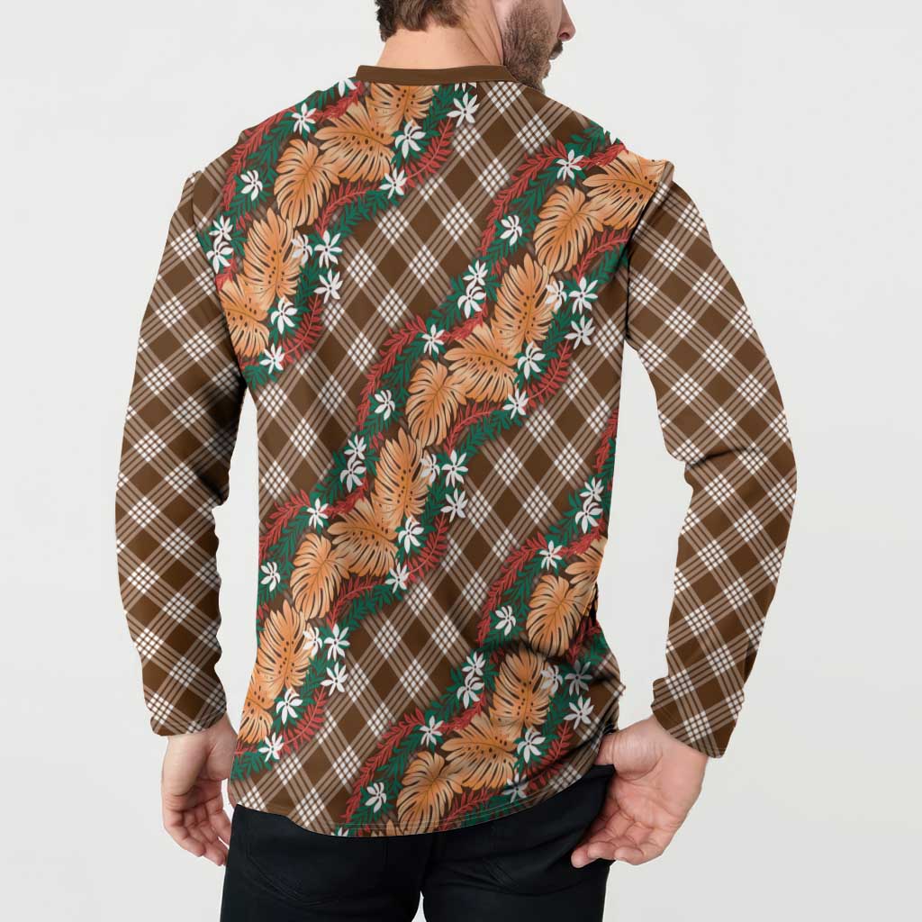 Polynesian Monstera Tiare Floral Button Sweatshirt Chocolate Brown Tropical Plaid - Polynesian Pride