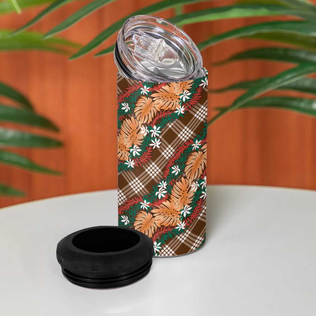 Polynesian Monstera Tiare Floral 4 in 1 Can Cooler Tumbler Chocolate Brown Tropical Plaid - Polynesian Pride