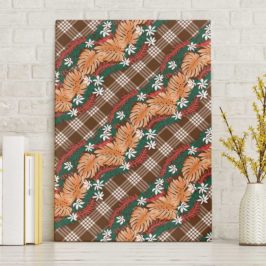 Polynesian Monstera Tiare Floral Canvas Wall Art Chocolate Brown Tropical Plaid - Polynesian Pride
