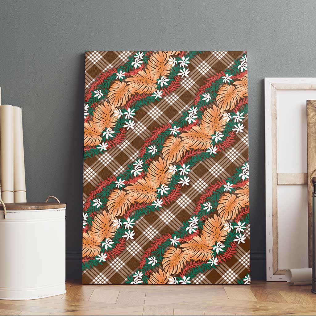 Polynesian Monstera Tiare Floral Canvas Wall Art Chocolate Brown Tropical Plaid - Polynesian Pride