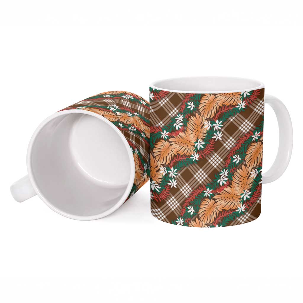 Polynesian Monstera Tiare Floral Ceramic Mug Chocolate Brown Tropical Plaid - Polynesian Pride