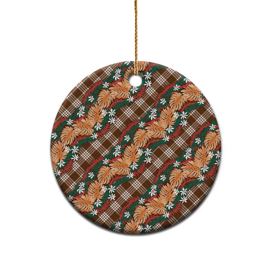 Polynesian Monstera Tiare Floral Ceramic Ornament Chocolate Brown Tropical Plaid - Polynesian Pride