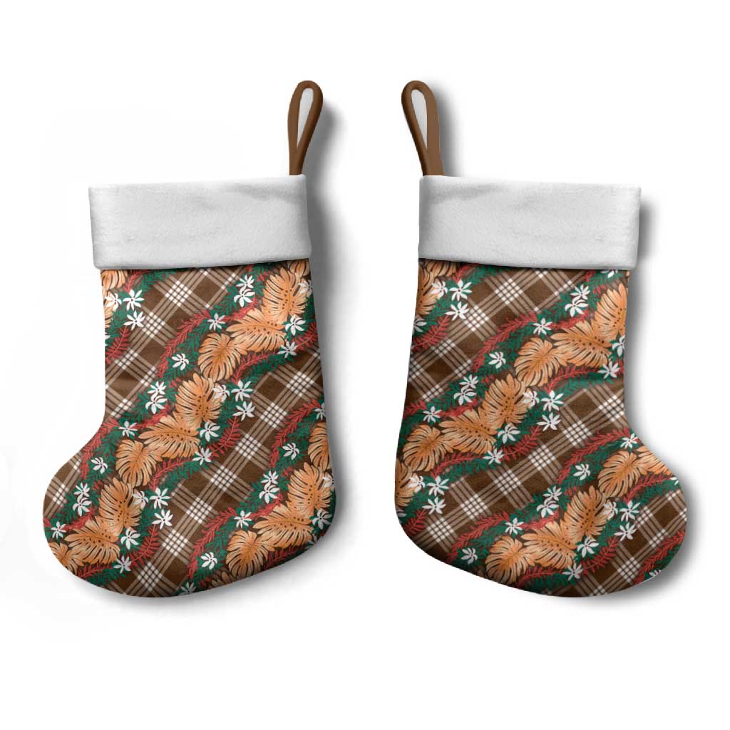 Polynesian Monstera Tiare Floral Christmas Stocking Chocolate Brown Tropical Plaid - Polynesian Pride