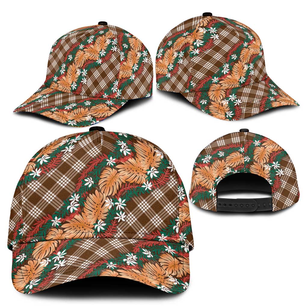 Polynesian Monstera Tiare Floral Classic Cap Chocolate Brown Tropical Plaid - Polynesian Pride