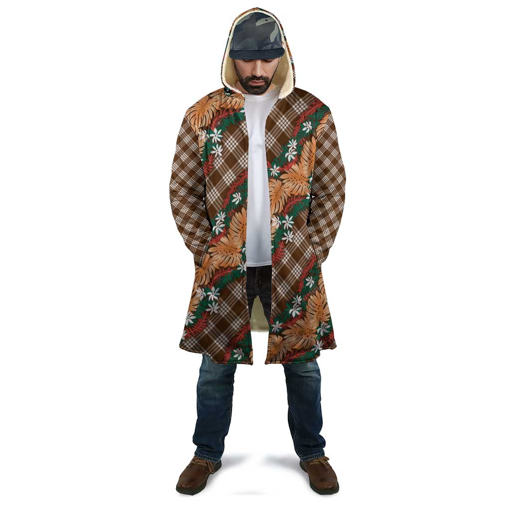 Polynesian Monstera Tiare Floral Cloak Chocolate Brown Tropical Plaid - Polynesian Pride