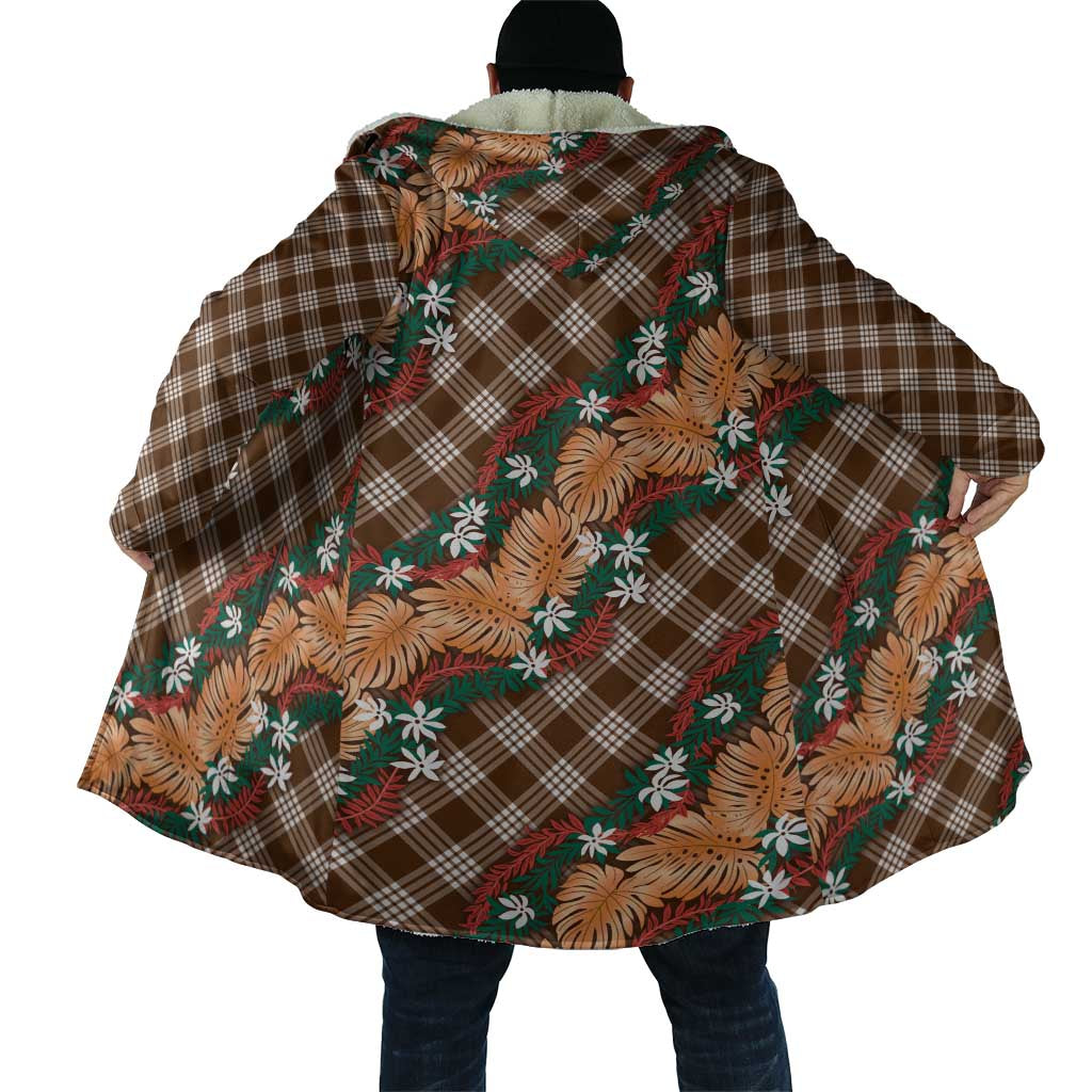 Polynesian Monstera Tiare Floral Cloak Chocolate Brown Tropical Plaid - Polynesian Pride