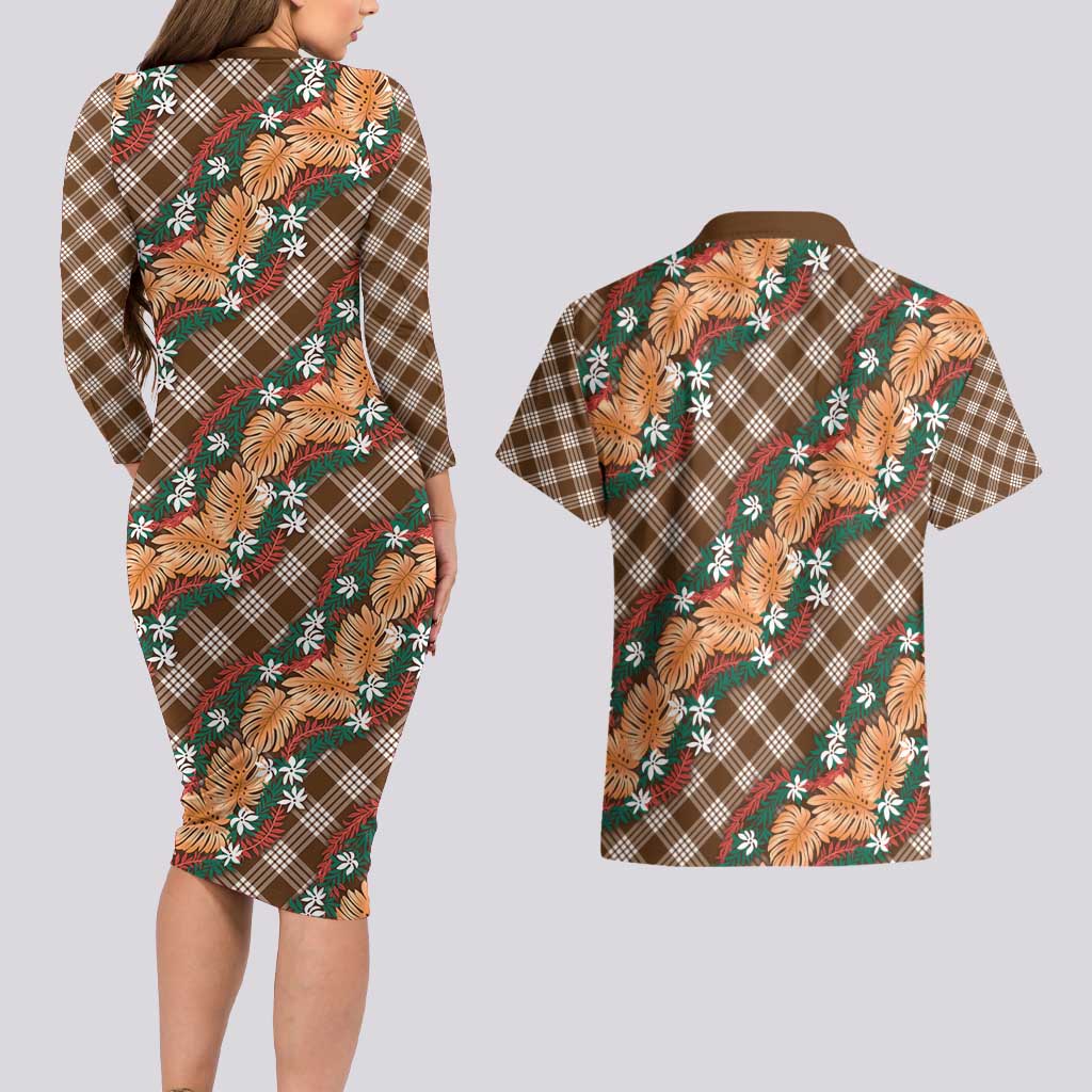 Polynesian Monstera Tiare Floral Couples Matching Long Sleeve Bodycon Dress and Hawaiian Shirt Chocolate Brown Tropical Plaid - Polynesian Pride