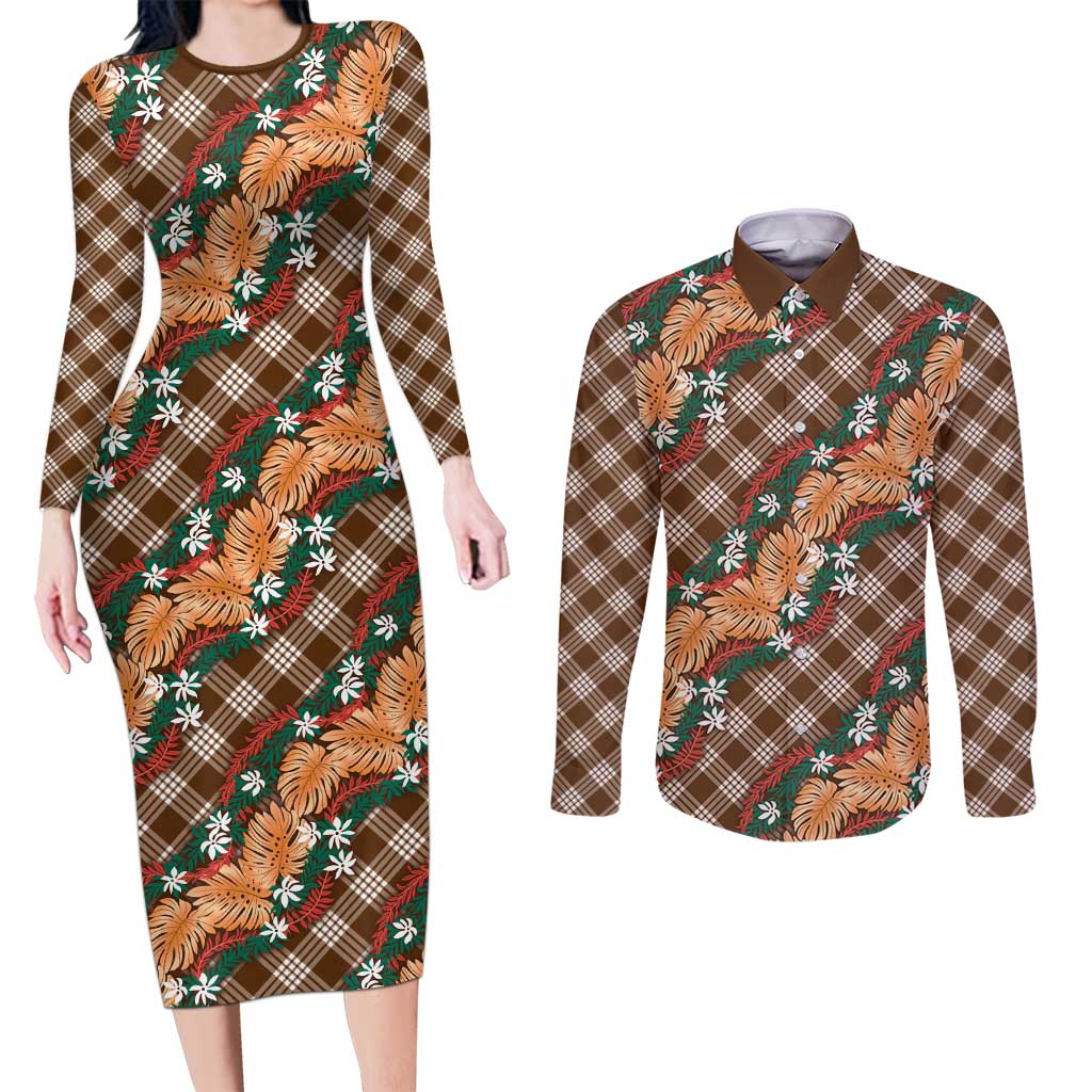 Polynesian Monstera Tiare Floral Couples Matching Long Sleeve Bodycon Dress and Long Sleeve Button Shirt Chocolate Brown Tropical Plaid - Polynesian Pride