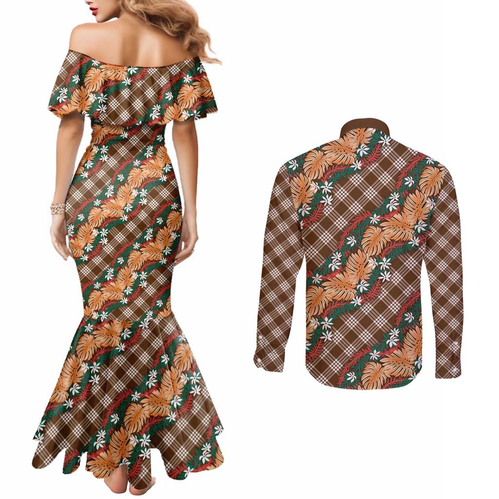 Polynesian Monstera Tiare Floral Couples Matching Mermaid Dress and Long Sleeve Button Shirt Chocolate Brown Tropical Plaid - Polynesian Pride