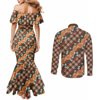 Polynesian Monstera Tiare Floral Couples Matching Mermaid Dress and Long Sleeve Button Shirt Chocolate Brown Tropical Plaid - Polynesian Pride