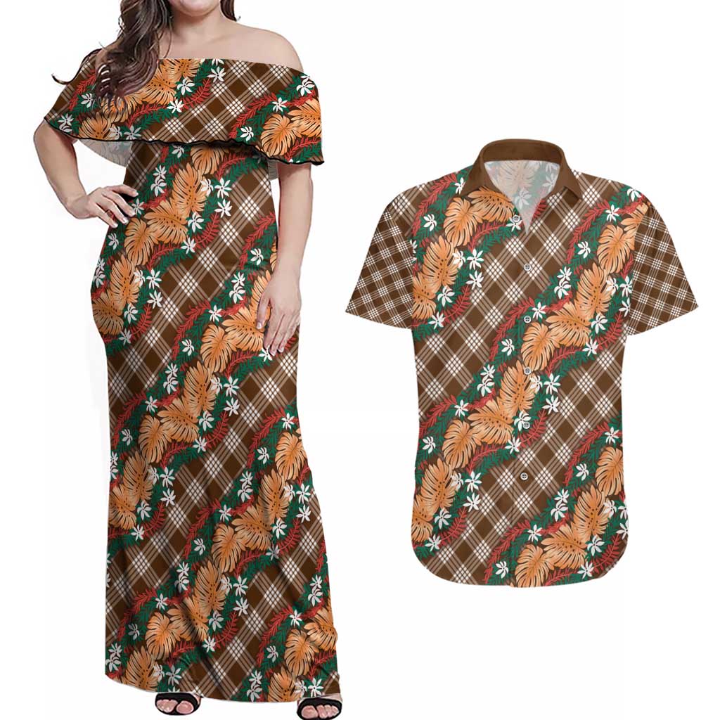 Polynesian Monstera Tiare Floral Couples Matching Off Shoulder Maxi Dress and Hawaiian Shirt Chocolate Brown Tropical Plaid - Polynesian Pride