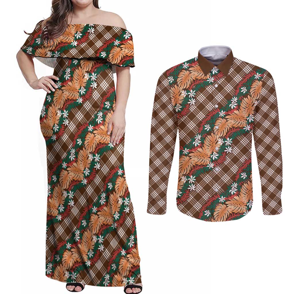 Polynesian Monstera Tiare Floral Couples Matching Off Shoulder Maxi Dress and Long Sleeve Button Shirt Chocolate Brown Tropical Plaid LT01 Brown - Polynesian Pride