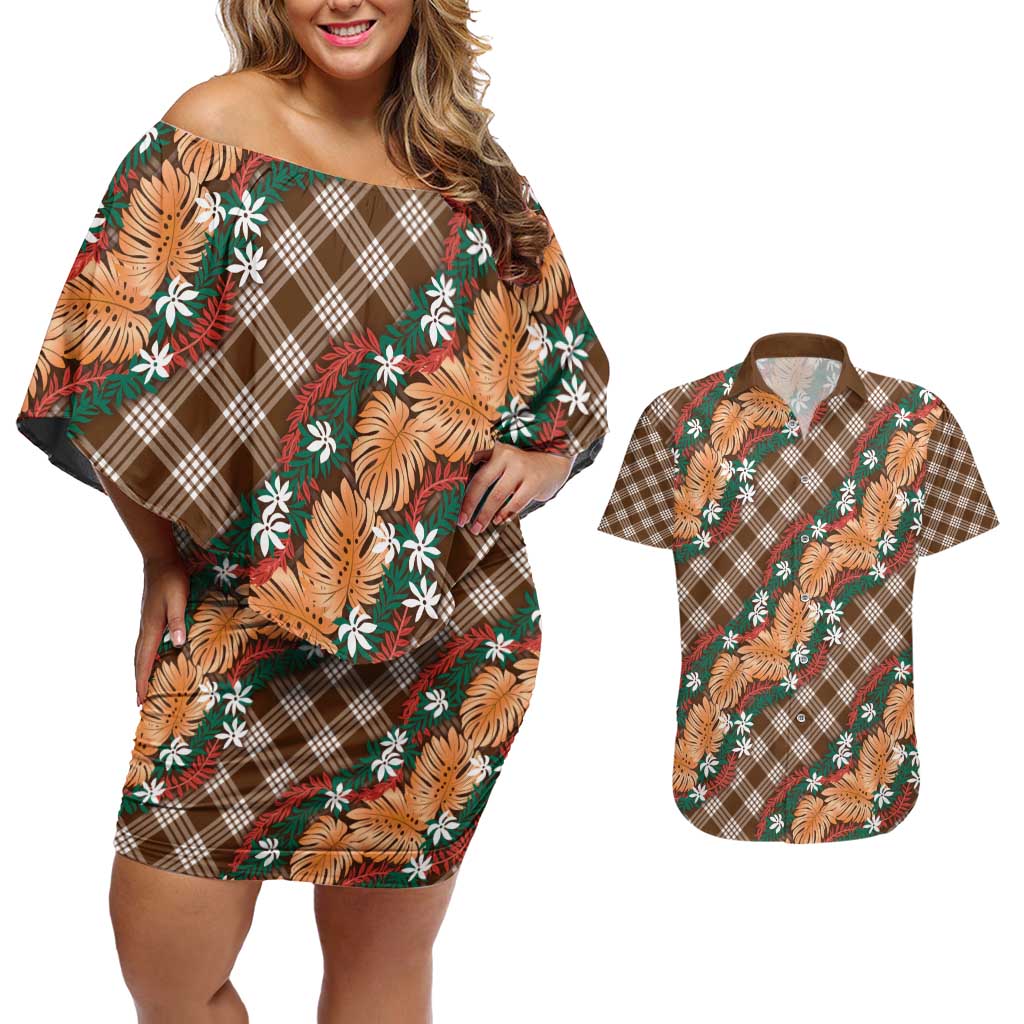 Polynesian Monstera Tiare Floral Couples Matching Off Shoulder Short Dress and Hawaiian Shirt Chocolate Brown Tropical Plaid - Polynesian Pride