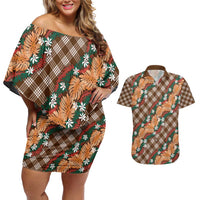 Polynesian Monstera Tiare Floral Couples Matching Off Shoulder Short Dress and Hawaiian Shirt Chocolate Brown Tropical Plaid - Polynesian Pride