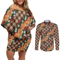 Polynesian Monstera Tiare Floral Couples Matching Off Shoulder Short Dress and Long Sleeve Button Shirt Chocolate Brown Tropical Plaid - Polynesian Pride