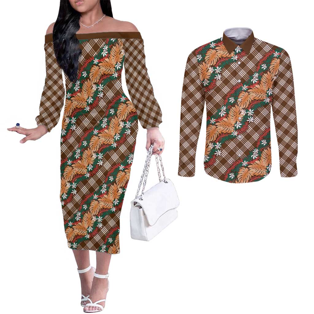 Polynesian Monstera Tiare Floral Couples Matching Off The Shoulder Long Sleeve Dress and Long Sleeve Button Shirt Chocolate Brown Tropical Plaid - Polynesian Pride