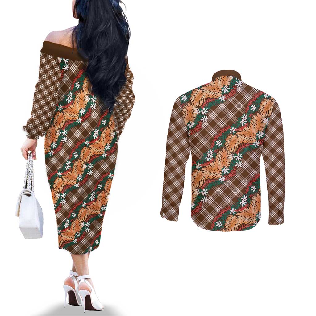 Polynesian Monstera Tiare Floral Couples Matching Off The Shoulder Long Sleeve Dress and Long Sleeve Button Shirt Chocolate Brown Tropical Plaid - Polynesian Pride
