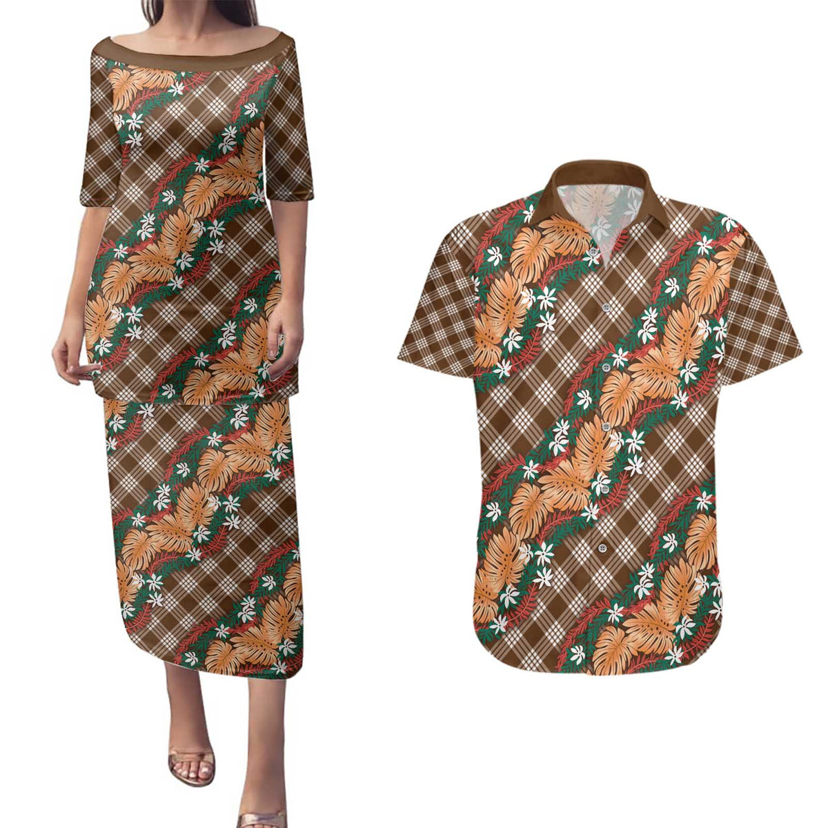 Polynesian Monstera Tiare Floral Couples Matching Puletasi and Hawaiian Shirt Chocolate Brown Tropical Plaid - Polynesian Pride