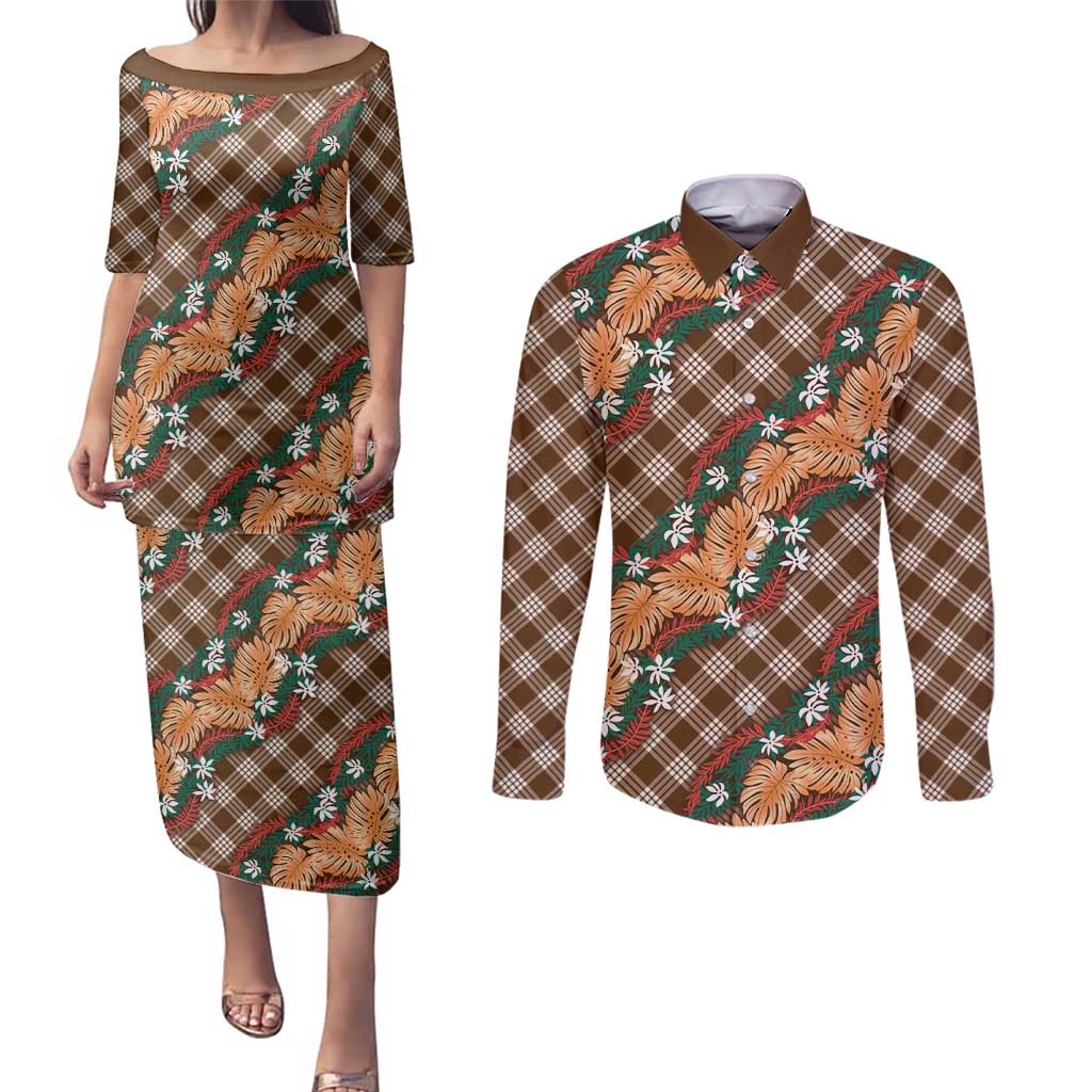 Polynesian Monstera Tiare Floral Couples Matching Puletasi and Long Sleeve Button Shirt Chocolate Brown Tropical Plaid LT01 Brown - Polynesian Pride