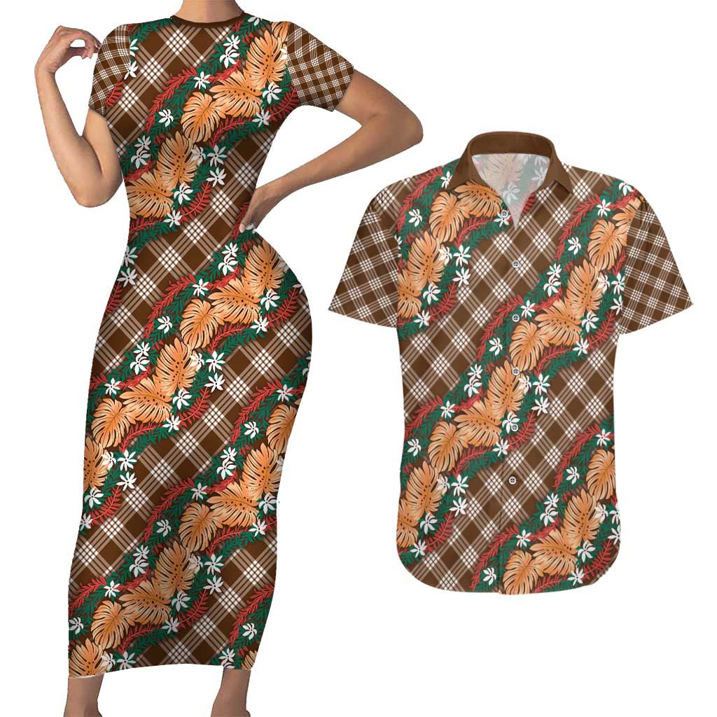 Polynesian Monstera Tiare Floral Couples Matching Short Sleeve Bodycon Dress and Hawaiian Shirt Chocolate Brown Tropical Plaid - Polynesian Pride