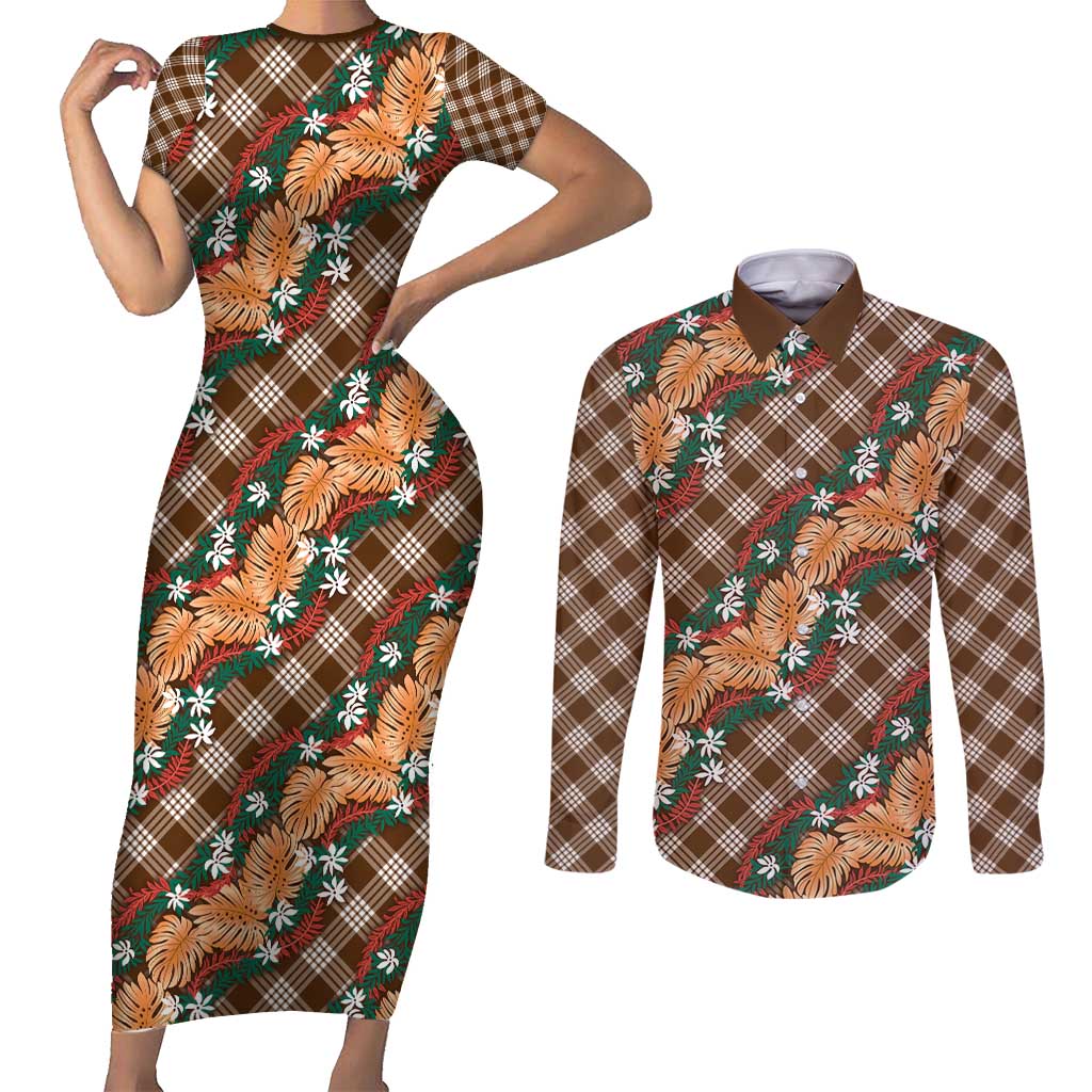 Polynesian Monstera Tiare Floral Couples Matching Short Sleeve Bodycon Dress and Long Sleeve Button Shirt Chocolate Brown Tropical Plaid - Polynesian Pride