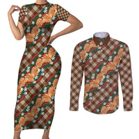 Polynesian Monstera Tiare Floral Couples Matching Short Sleeve Bodycon Dress and Long Sleeve Button Shirt Chocolate Brown Tropical Plaid - Polynesian Pride