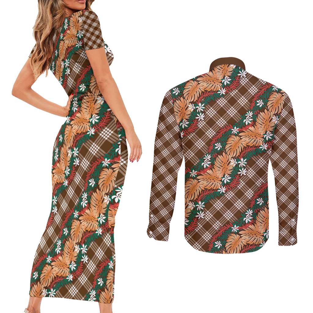 Polynesian Monstera Tiare Floral Couples Matching Short Sleeve Bodycon Dress and Long Sleeve Button Shirt Chocolate Brown Tropical Plaid - Polynesian Pride