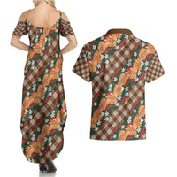 Polynesian Monstera Tiare Floral Couples Matching Summer Maxi Dress and Hawaiian Shirt Chocolate Brown Tropical Plaid - Polynesian Pride