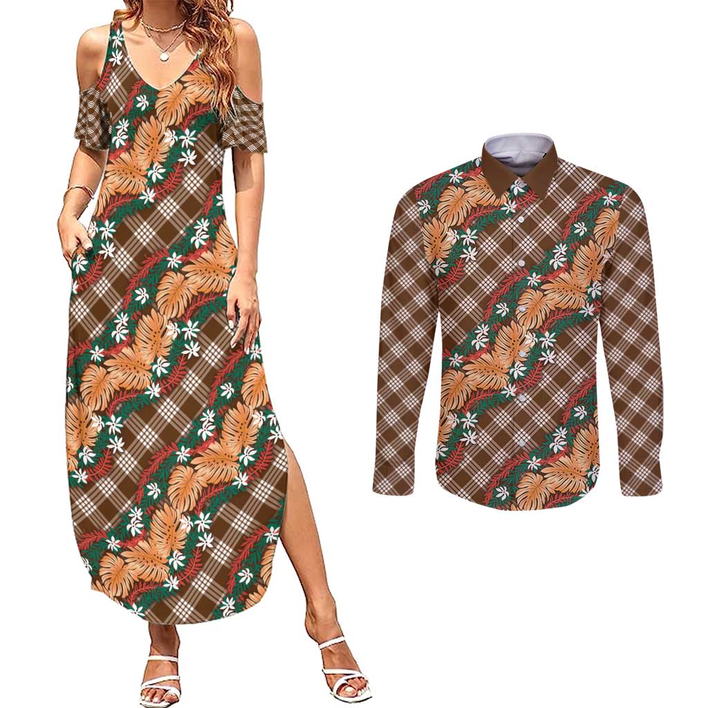 Polynesian Monstera Tiare Floral Couples Matching Summer Maxi Dress and Long Sleeve Button Shirt Chocolate Brown Tropical Plaid LT01 Brown - Polynesian Pride