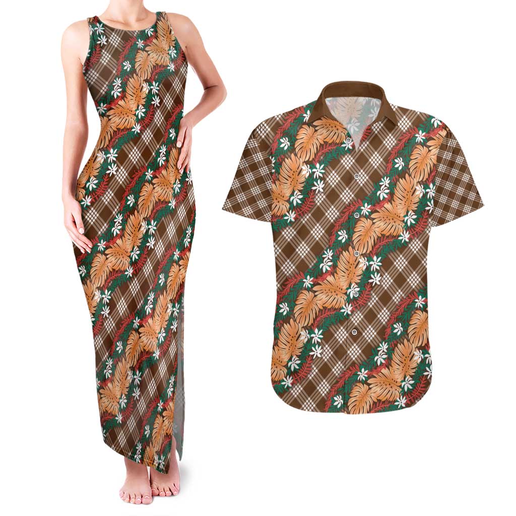 Polynesian Monstera Tiare Floral Couples Matching Tank Maxi Dress and Hawaiian Shirt Chocolate Brown Tropical Plaid - Polynesian Pride