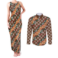 Polynesian Monstera Tiare Floral Couples Matching Tank Maxi Dress and Long Sleeve Button Shirt Chocolate Brown Tropical Plaid - Polynesian Pride