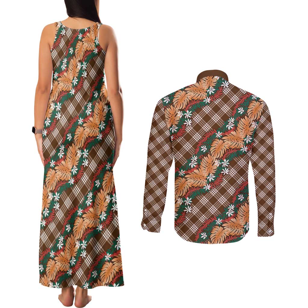 Polynesian Monstera Tiare Floral Couples Matching Tank Maxi Dress and Long Sleeve Button Shirt Chocolate Brown Tropical Plaid - Polynesian Pride