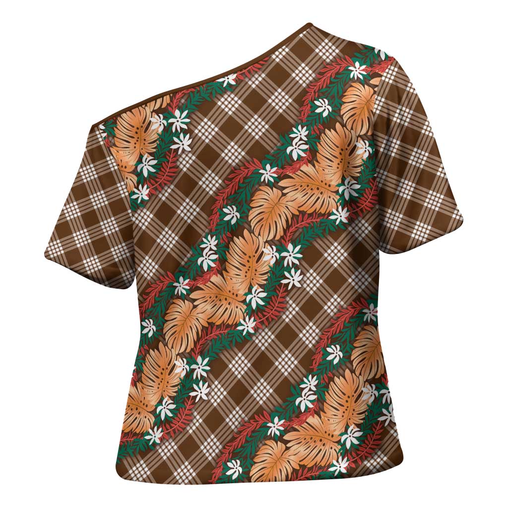 Polynesian Monstera Tiare Floral Cross Shoulder Shirt Chocolate Brown Tropical Plaid - Polynesian Pride
