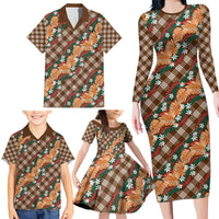 Polynesian Monstera Tiare Floral Family Matching Long Sleeve Bodycon Dress and Hawaiian Shirt Chocolate Brown Tropical Plaid - Polynesian Pride
