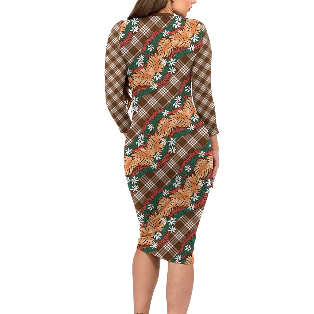 Polynesian Monstera Tiare Floral Family Matching Long Sleeve Bodycon Dress and Hawaiian Shirt Chocolate Brown Tropical Plaid - Polynesian Pride