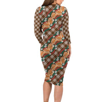 Polynesian Monstera Tiare Floral Family Matching Long Sleeve Bodycon Dress and Hawaiian Shirt Chocolate Brown Tropical Plaid - Polynesian Pride