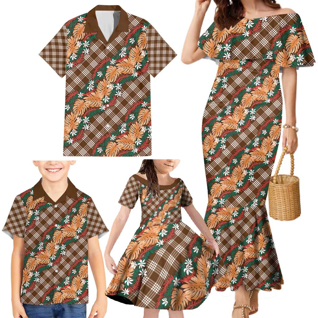 Polynesian Monstera Tiare Floral Family Matching Mermaid Dress and Hawaiian Shirt Chocolate Brown Tropical Plaid - Polynesian Pride