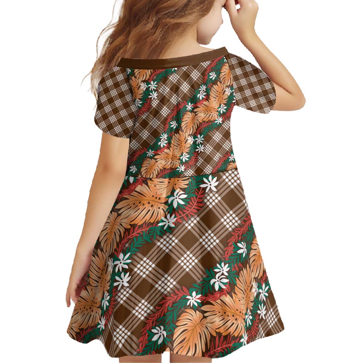 Polynesian Monstera Tiare Floral Family Matching Off The Shoulder Long Sleeve Dress and Hawaiian Shirt Chocolate Brown Tropical Plaid - Polynesian Pride