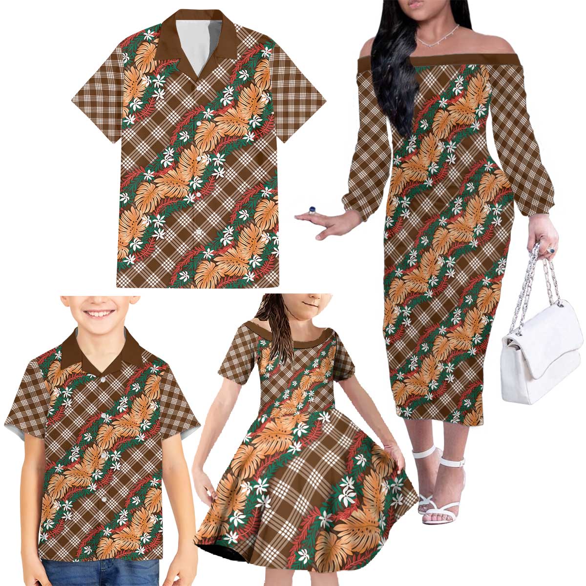 Polynesian Monstera Tiare Floral Family Matching Off The Shoulder Long Sleeve Dress and Hawaiian Shirt Chocolate Brown Tropical Plaid - Polynesian Pride