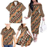 Polynesian Monstera Tiare Floral Family Matching Off The Shoulder Long Sleeve Dress and Hawaiian Shirt Chocolate Brown Tropical Plaid - Polynesian Pride