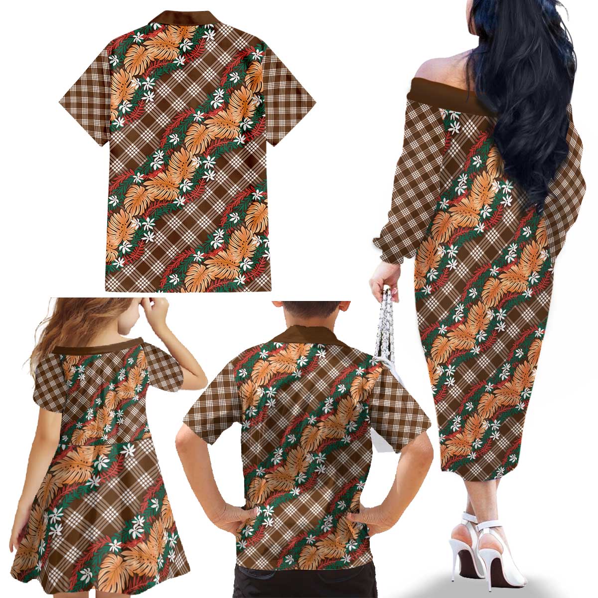 Polynesian Monstera Tiare Floral Family Matching Off The Shoulder Long Sleeve Dress and Hawaiian Shirt Chocolate Brown Tropical Plaid - Polynesian Pride